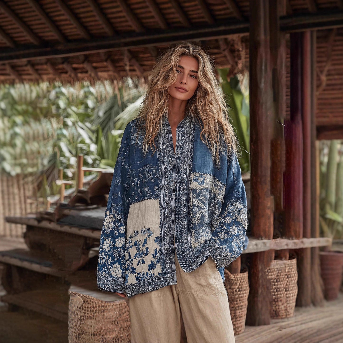 Ethnic-style Casual Linen Shawl With A Printed Shirt
