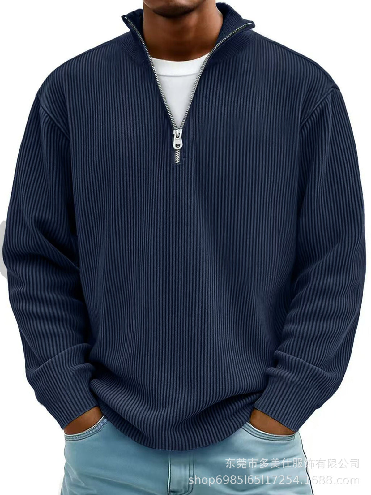 Autumn And Winter New Men's Casual Stand-Up Collar Zipper Corduroy Long-Sleeved Men's Polo Shirt Sweatshirt