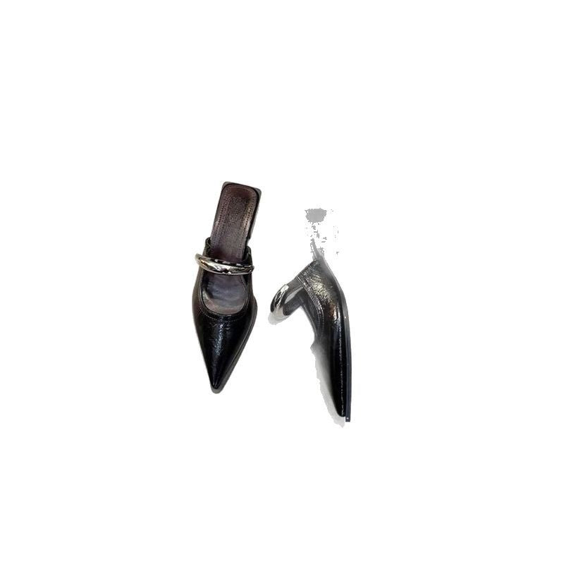 New Spring And Summer Metal Buckle French Style Slip-on Closed Toe Half Slippers For Women