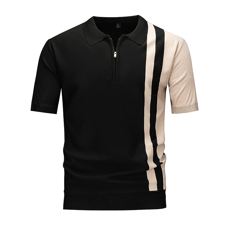 Men's Color Block Half-Zip Knit Polo Shirt, Navy & White Vertical Stripe Short Sleeve Top