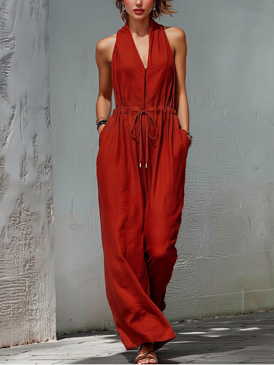 Women's Sleeveless Halter Neck Solid Color Long Jumpsuit