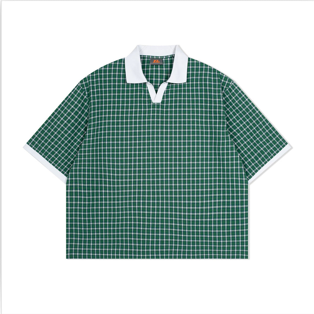 Mens Summer Thin Color-Block Plaid Lapel Short-Sleeve Shirt