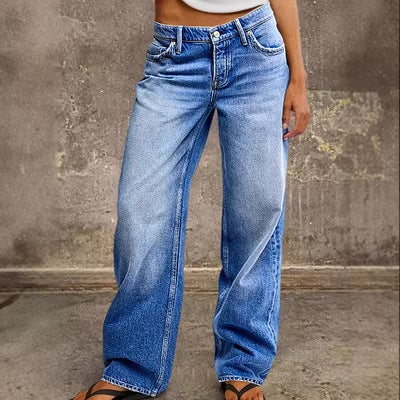Womens Washed Blue Wide-Leg Denim Jeans American-Style High Waist