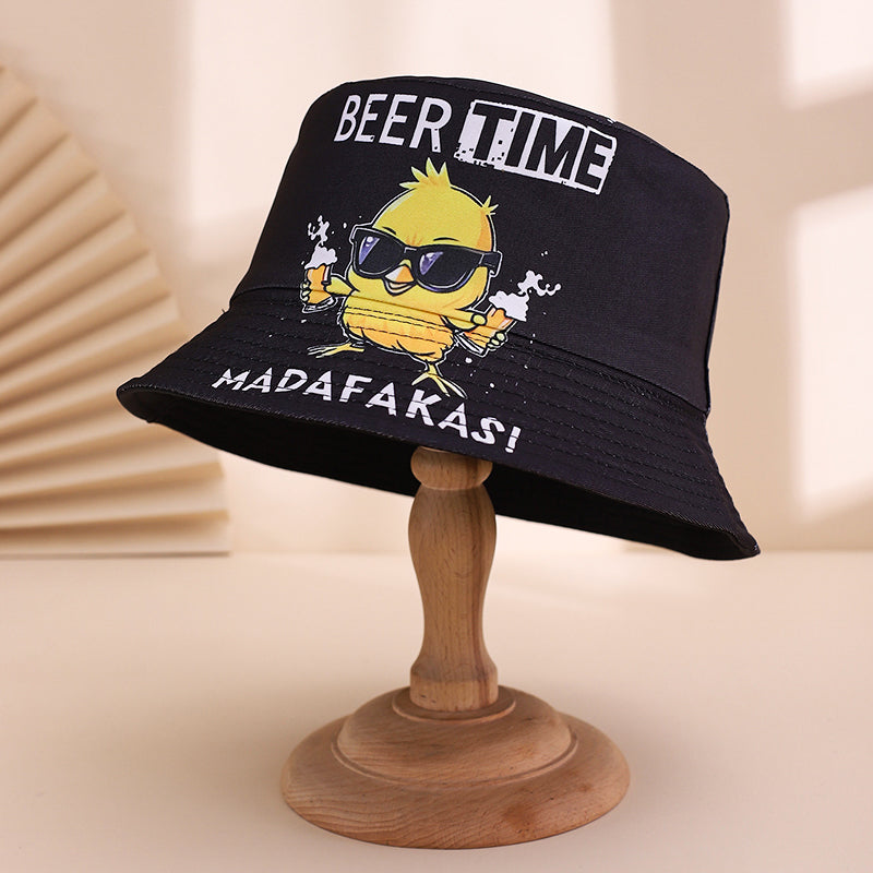 Men's And Women's Multi-purpose Printed Letter-shaped Yellow Duck Style Casual Fisherman Hat With Dual Sides, Suitable For Beer Festival Parties And Gatherings.