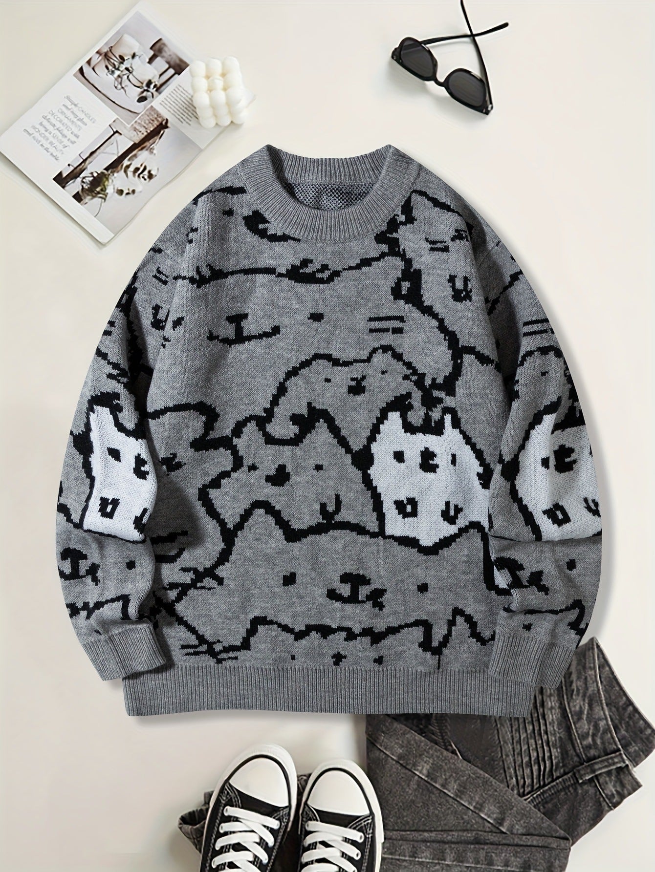 Mens Cute And Quirky Cat-print Knit Sweater