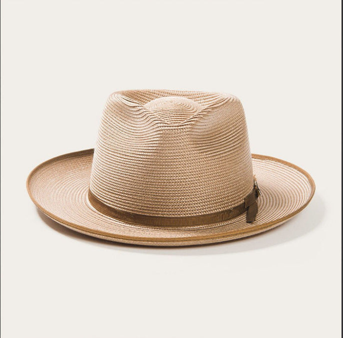Olive Green Rolled-brim Straw Hat With Bow For Sun Protection Artistic Style For Men And Women
