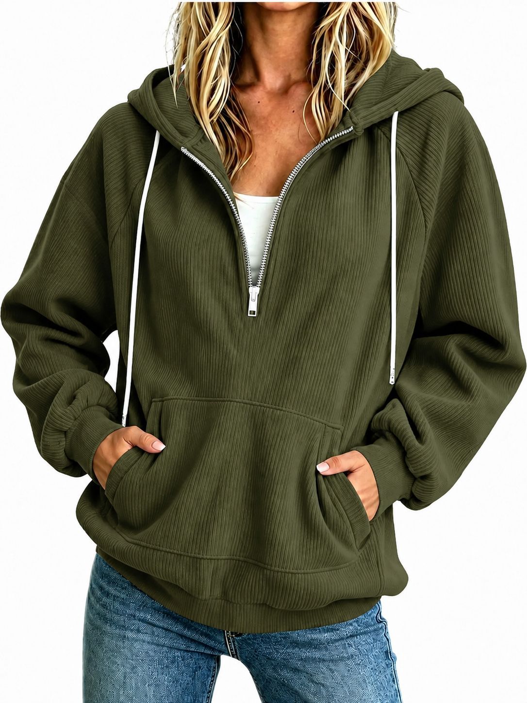 Womens Loose-fit Long-sleeve Half-zip Hooded Sweatshirt