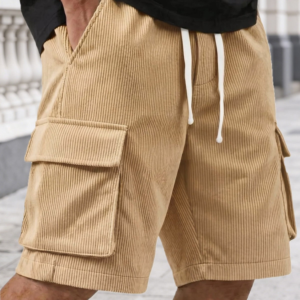 Corduroy Utility Shorts With An Elastic Waist And Drawstring
