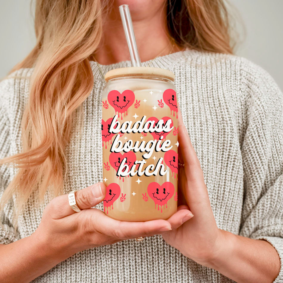 Gobelet en verre "Badass Bougie" 20oz avec couvercle en bambou et motif drôle de cœur souriant