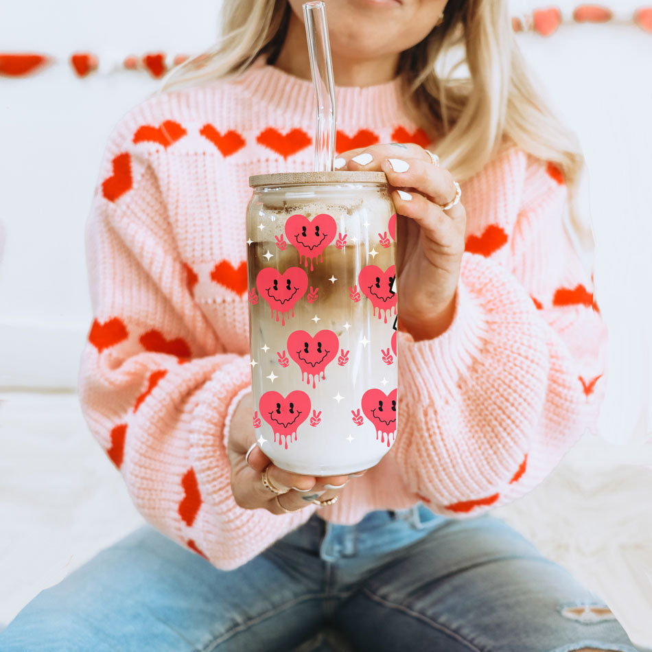 Gobelet en verre "Badass Bougie" 20oz avec couvercle en bambou et motif drôle de cœur souriant