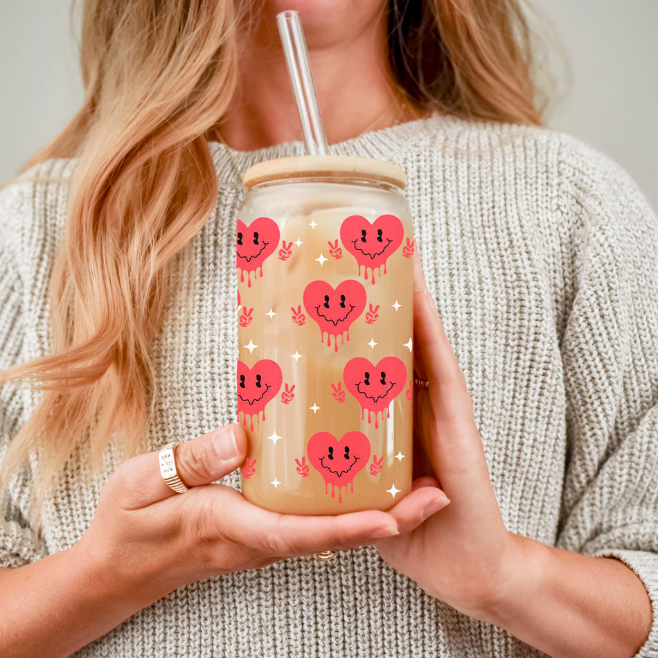 Gobelet en verre "Badass Bougie" 20oz avec couvercle en bambou et motif drôle de cœur souriant