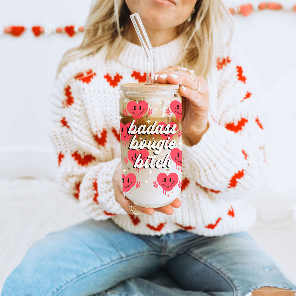 Gobelet en verre "Badass Bougie" 20oz avec couvercle en bambou et motif drôle de cœur souriant