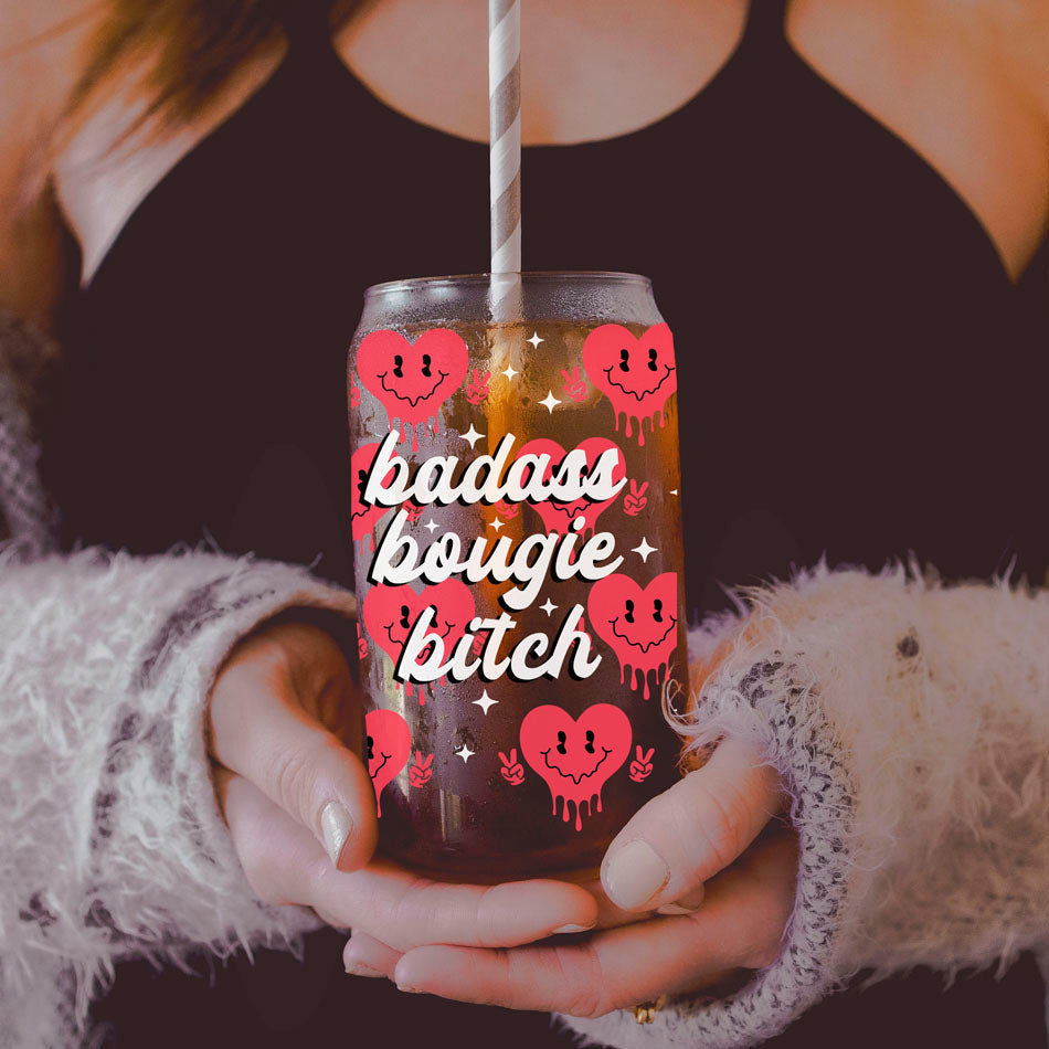 Gobelet en verre "Badass Bougie" 20oz avec couvercle en bambou et motif drôle de cœur souriant