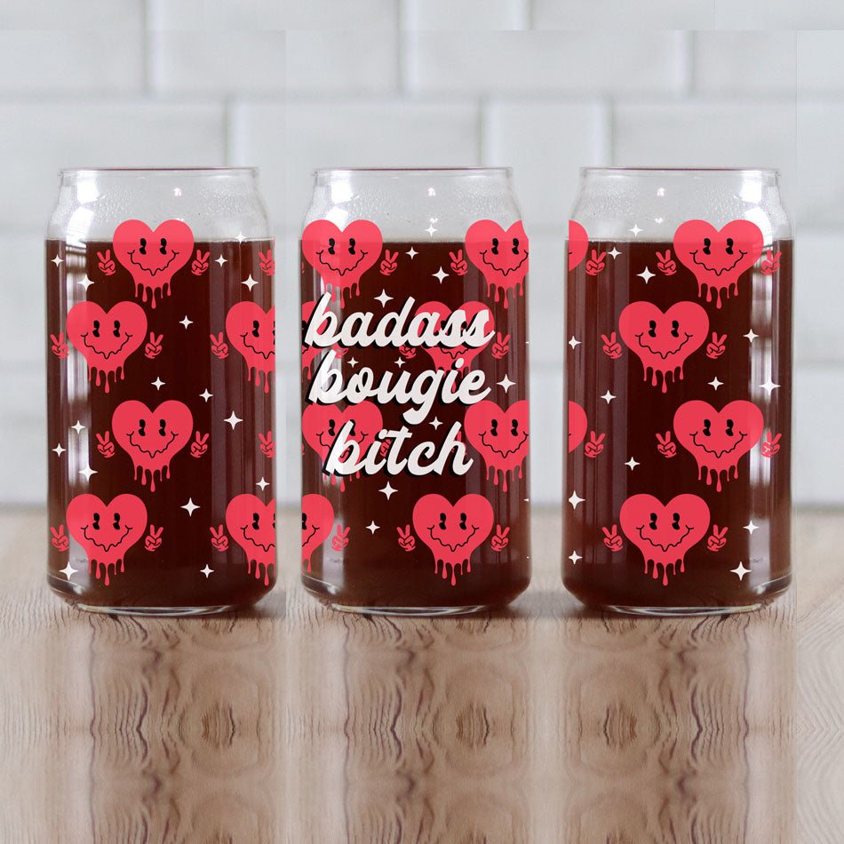 Gobelet en verre "Badass Bougie" 20oz avec couvercle en bambou et motif drôle de cœur souriant