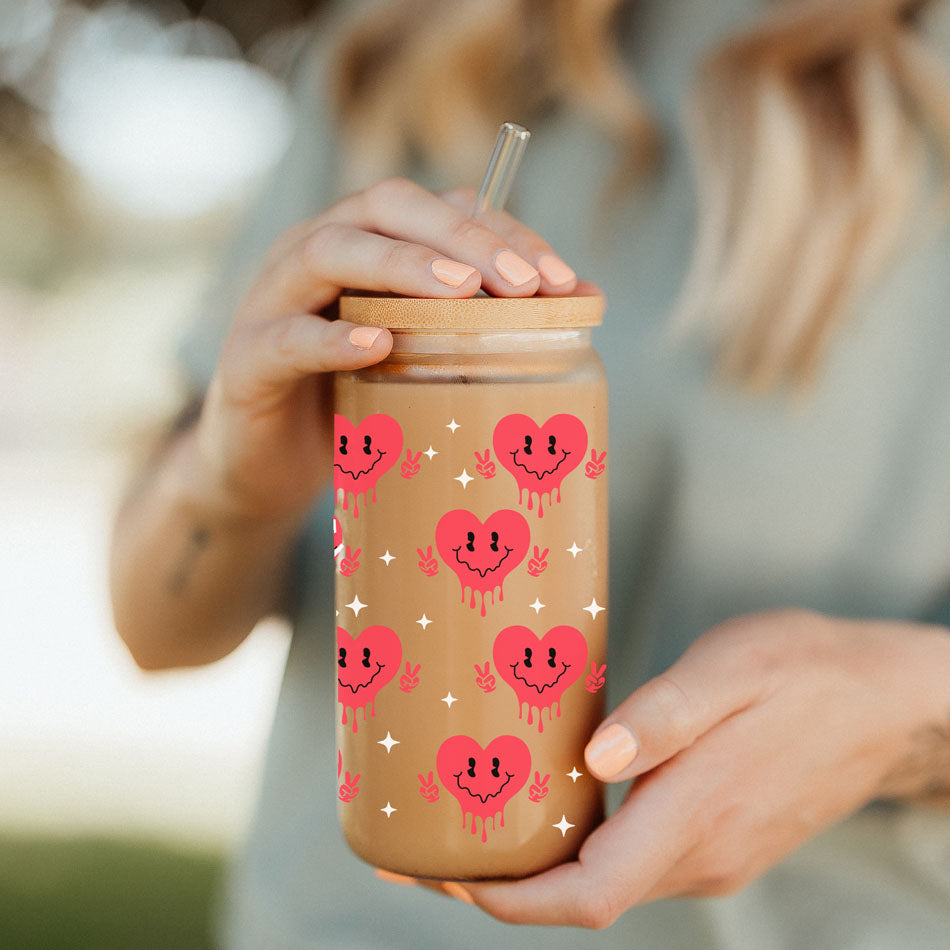 Gobelet en verre "Badass Bougie" 20oz avec couvercle en bambou et motif drôle de cœur souriant