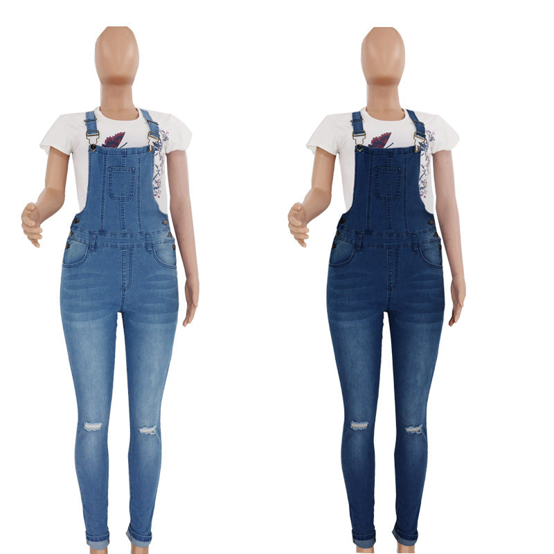 Womens Ripped Washed Denim Overalls