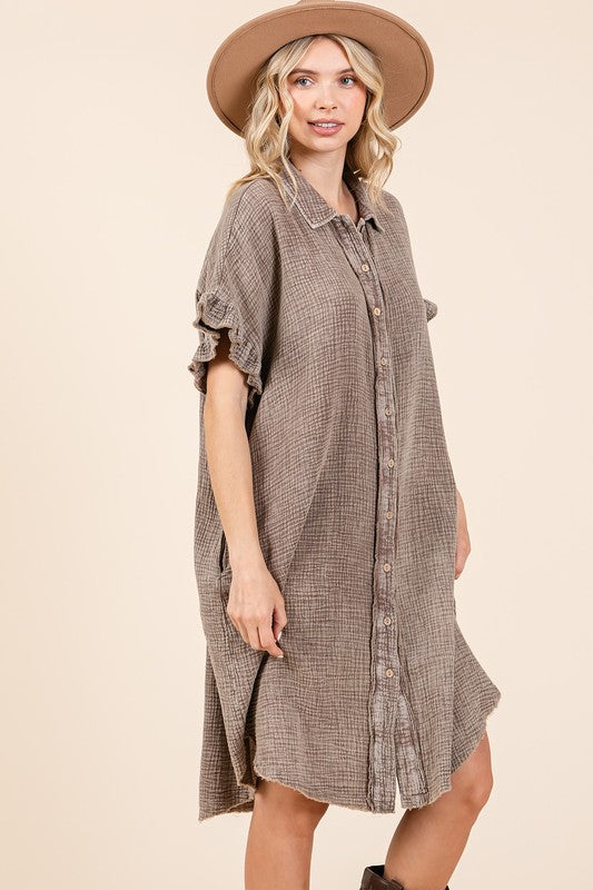 Mineral Wash Cotton Gauze Mini Shirt Dress For Women – Casual, Relaxed Fit with Charming Ruffle Sleeves and Practical Pockets