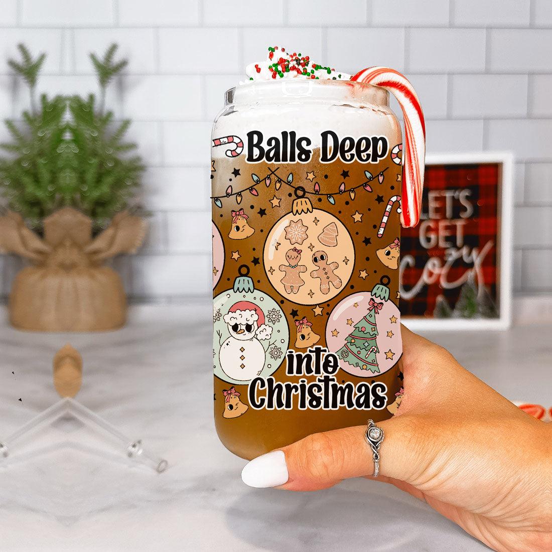 Balls Deep 17oz Christmas Mug Funny Holiday Cup With Ornament Design Humorous Seasonal Drinkware