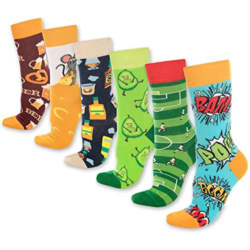 Lustige Crew Socken für Damen und Herren – Bunte Baumwoll-Motivsocken, 6er-Pack
