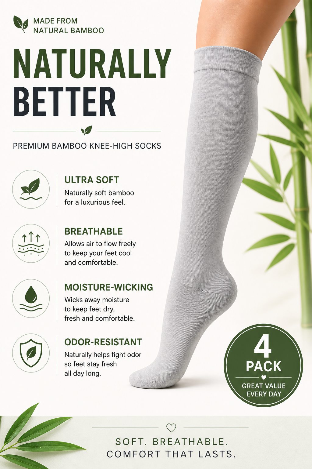 Lot de 4 paires de chaussettes hautes en bambou pour femme