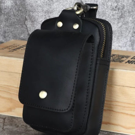 Retro Top Layer Cowhide Phone Bag, Crazy Horse Leather Men's Belt Waist Bag