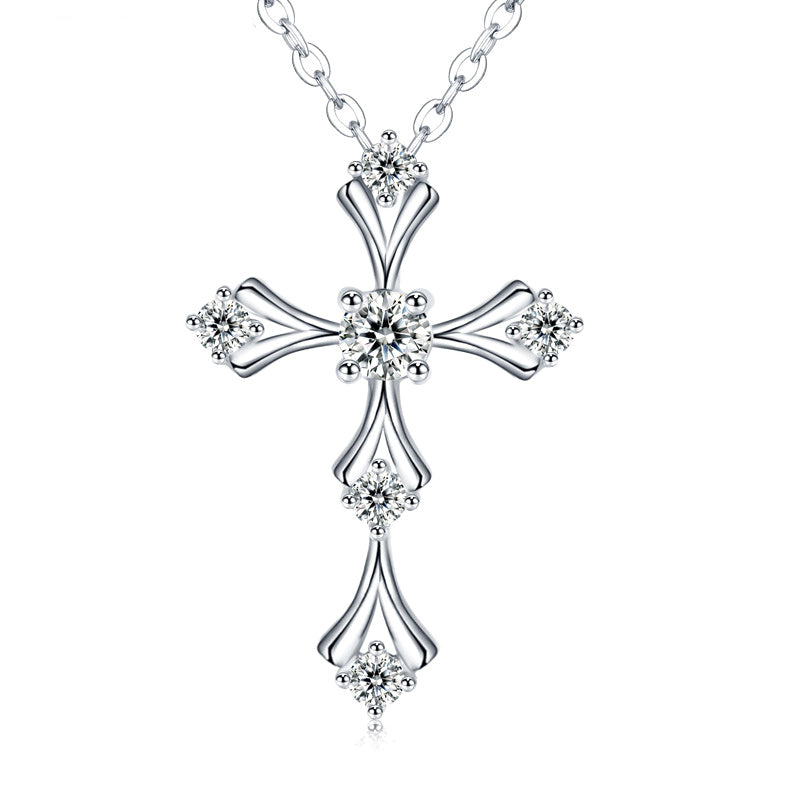 S925 Sterling Silver Moissanite Cross Necklace, 3.5mm D-VVS1 Pendant, Platinum Plated 40&45cm Chain, 1.7g GRA Certificate Gift Box