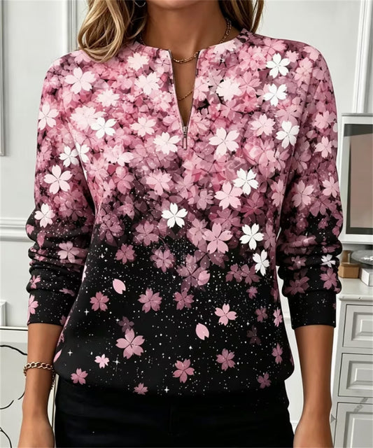 Women Half Zip Long Sleeve Sweatshirt, Gradient Cherry Blossom Floral Print Casual Pullover Top