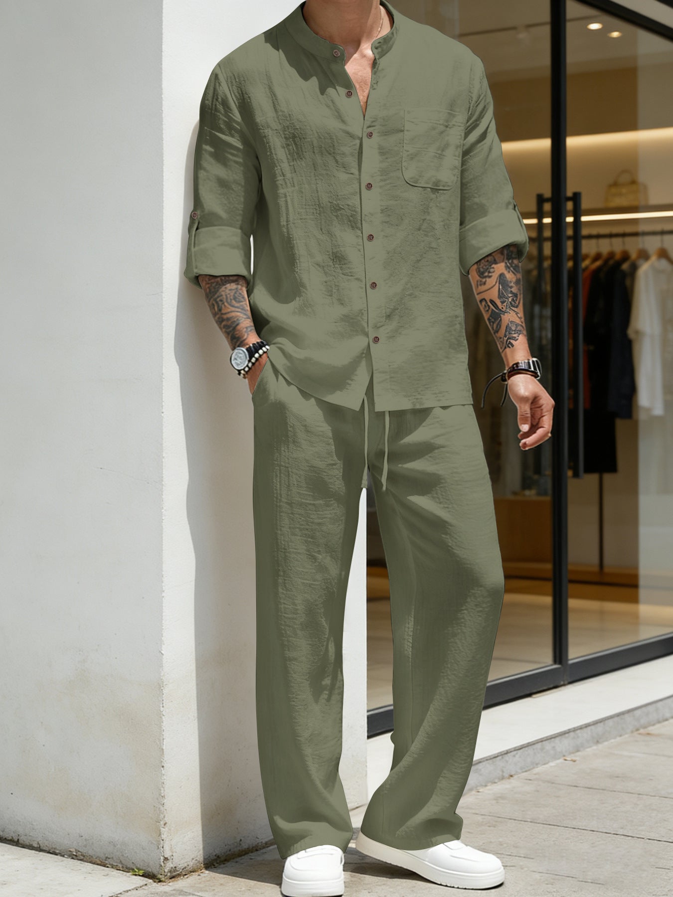 Mens Solid-Color Linen Long-Sleeve Shirt And Pants Two-Piece Set