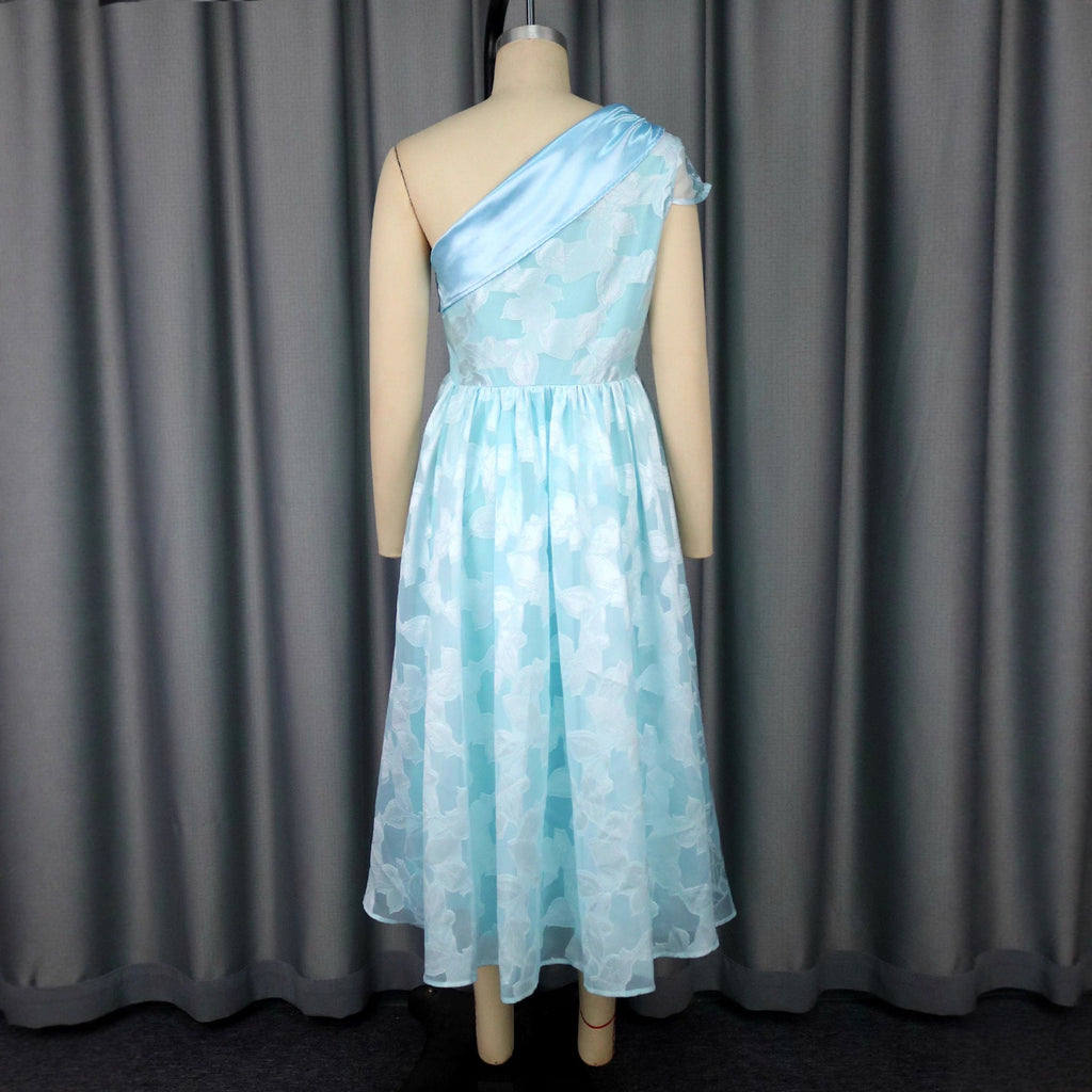 Women's Oblique Shoulder Contrast Color Evening Dress Jacquard Elegant Dress