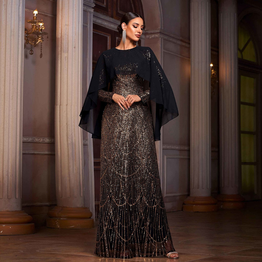 Elegant Long Sleeve Round Neck Shawl Banquet Sequined A- Line Evening Dress