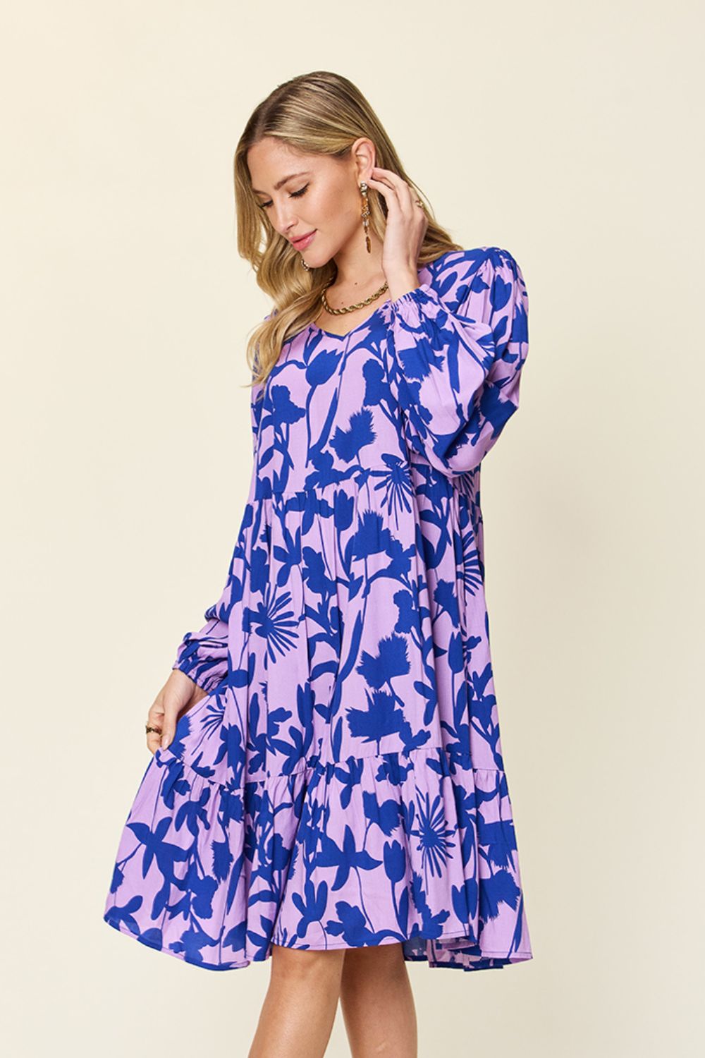 Double Take Full Size Printed Ruffle Hem Dress with Pocket Stylish & Functional Women Dress
