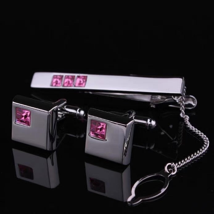 Men's Suit Shirt Rhinestone-encrusted Silver Cufflinks Tie Clip 3 Pieces Suit