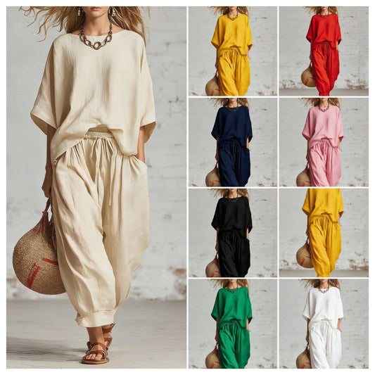 Women's Solid Color Loose Casual Set – T-Shirt & Ankle Pants