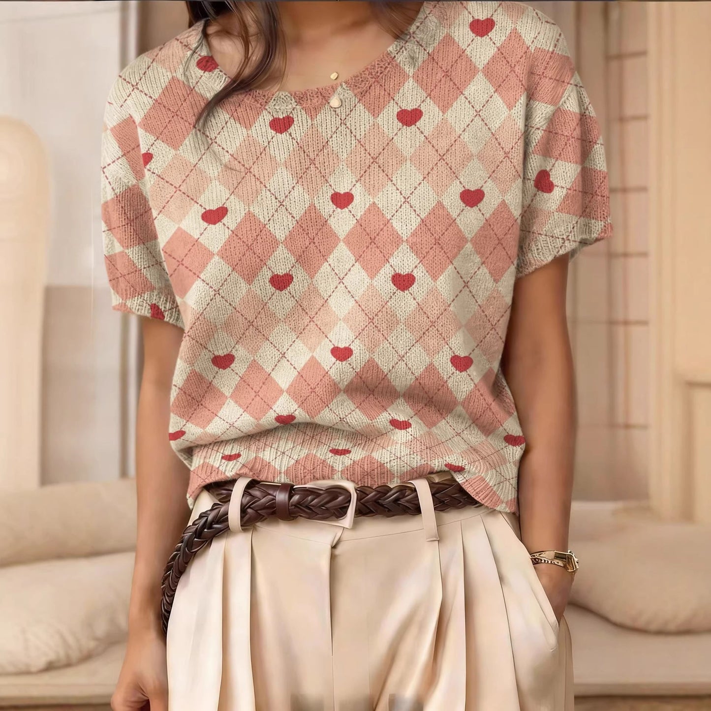 Women's Retro Short-Sleeve Jacquard Knit Top