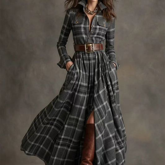 Women's Plus Size Plaid Print Long Sleeve Shirt Dress with Pockets