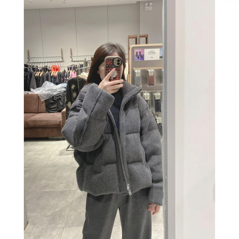 Korean-style Retro Gray Stand-collar Corduroy Loose Cotton Padded Jacket