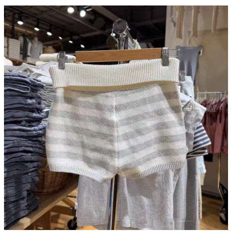 Womens White-Striped Knitted High-Waist Straight Shorts