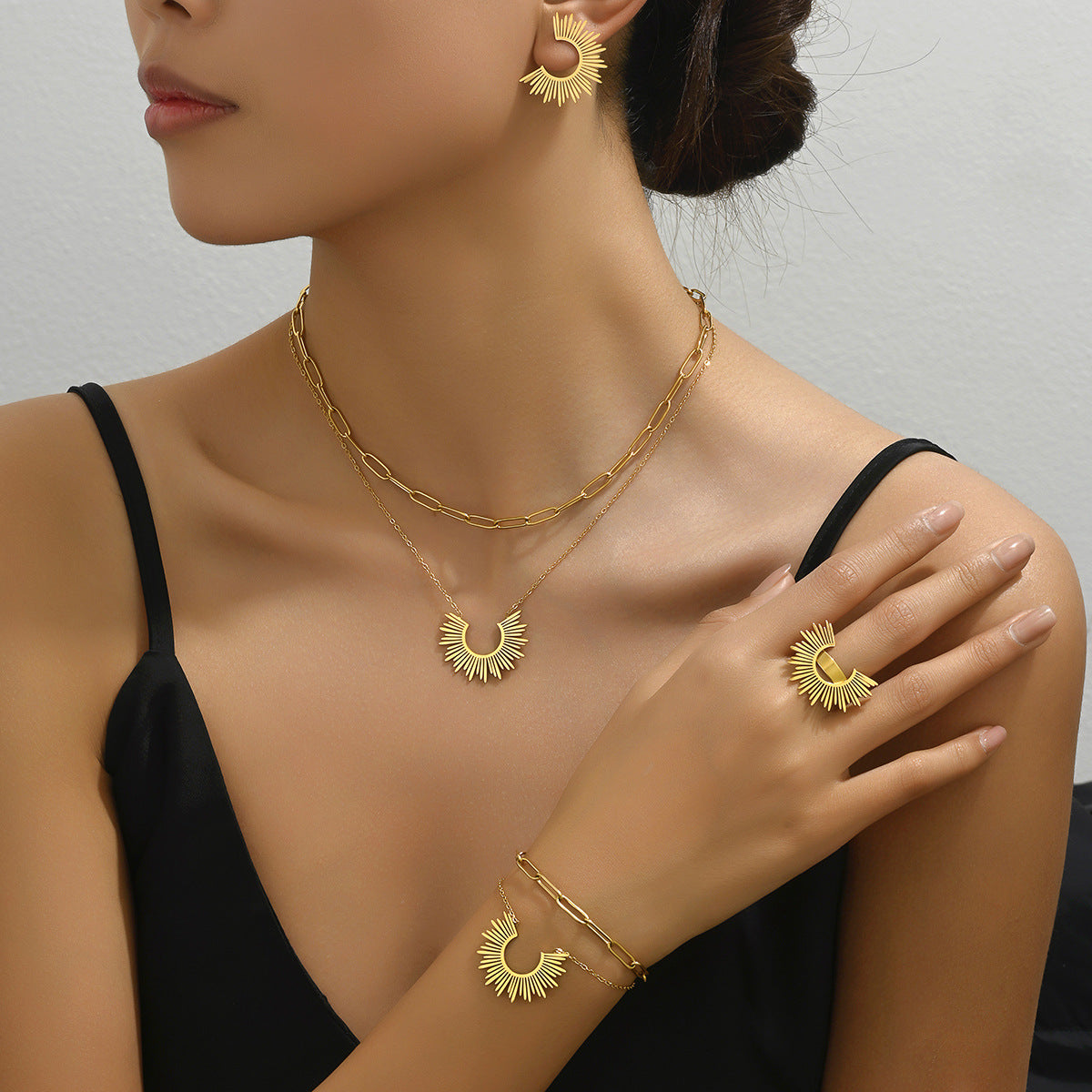 Sweet Elegant Camellia Style Minimal Women Full Jewelry Set, Niche Sunflower Design Bracelet Earrings Long Pendant Necklace Index Finger Ring Daily Accessories