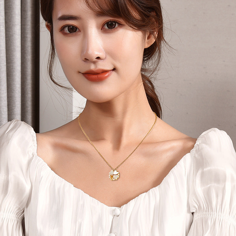 Magnetic Foldable Four Leaf Clover Necklace For Women, Convertible 4 Heart Pendant Collarbone Chain, Dainty Zircon Sweater Chain Fashion Jewelry