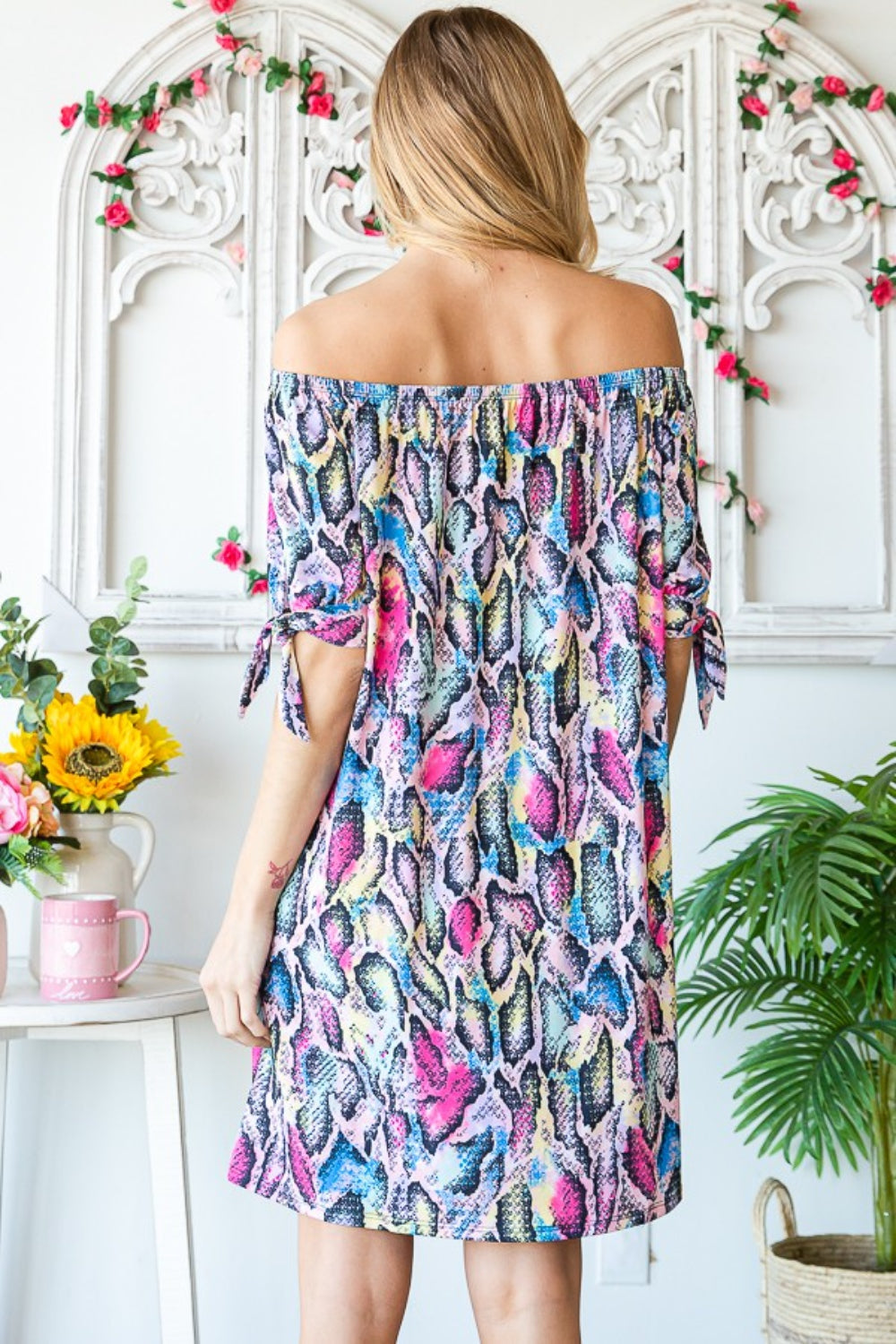 Full Size Off Shoulder Snake Mini Summer Dress – Bold Snake Print Dress, Fluttering Trendy Off Shoulder Dress, Edgy Snake Mini Dress, Statement Mini Dress, Chic Off Shoulder Dress, Sexy Snake Print Dress, Fashion Forward Mini Dress