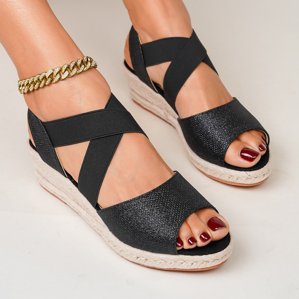 Sequin Peep-toe Espadrille Wedge Sandals With Elastic Cross Straps