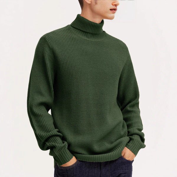 Mens Casual Solid-color Turtleneck Sweater With Vertical Stripes