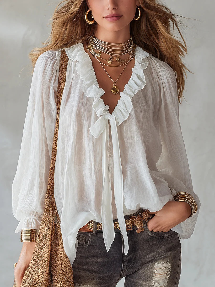 Casual Loose Fashion Ruffle Tie V-neck Shirt Top
