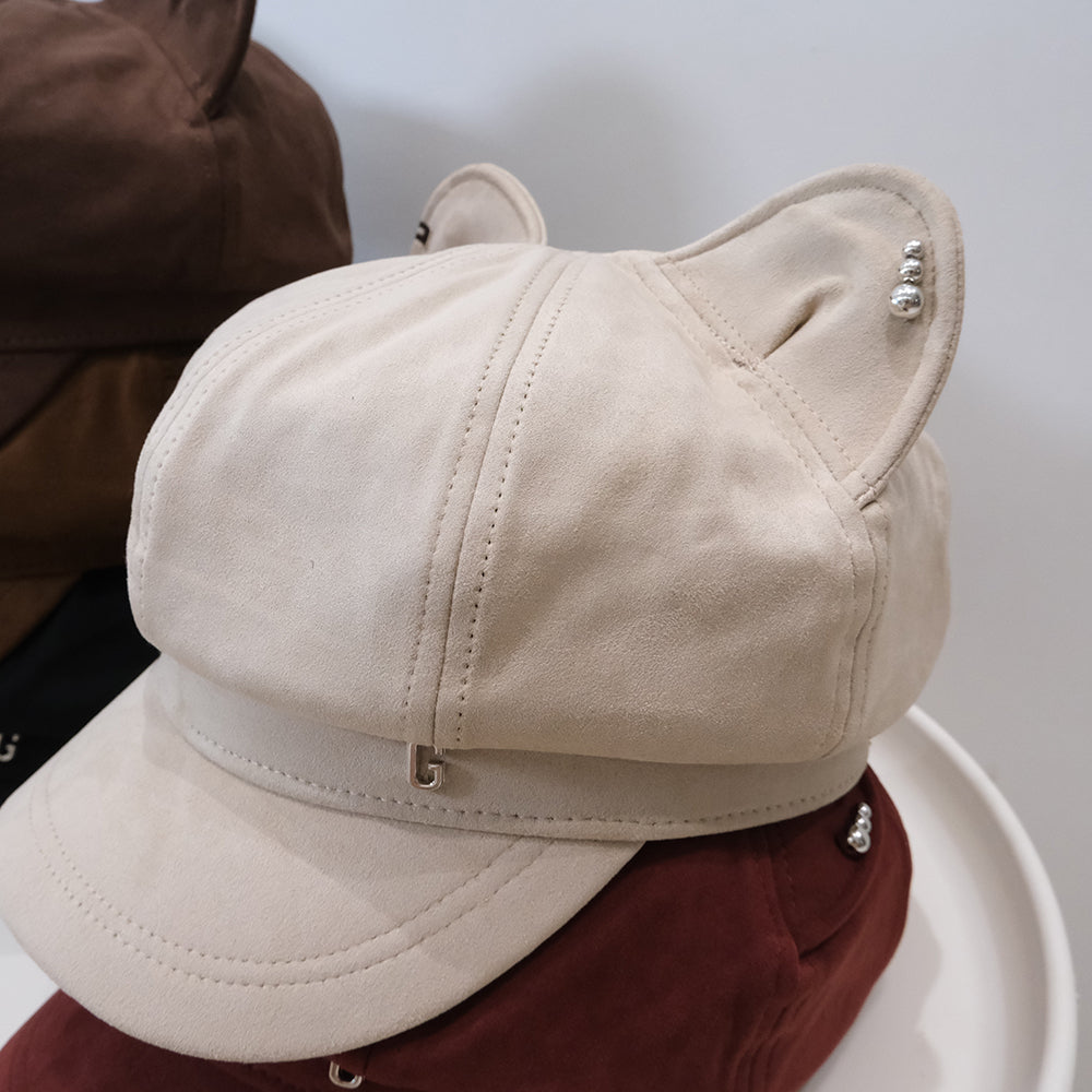 Autumn Winter Cute Cat Ears Octagonal Beret With Solid Color Vintage Style Pin Head Newsboy Hat - A Casual Outfit-Wear Hat With Unique Personality
