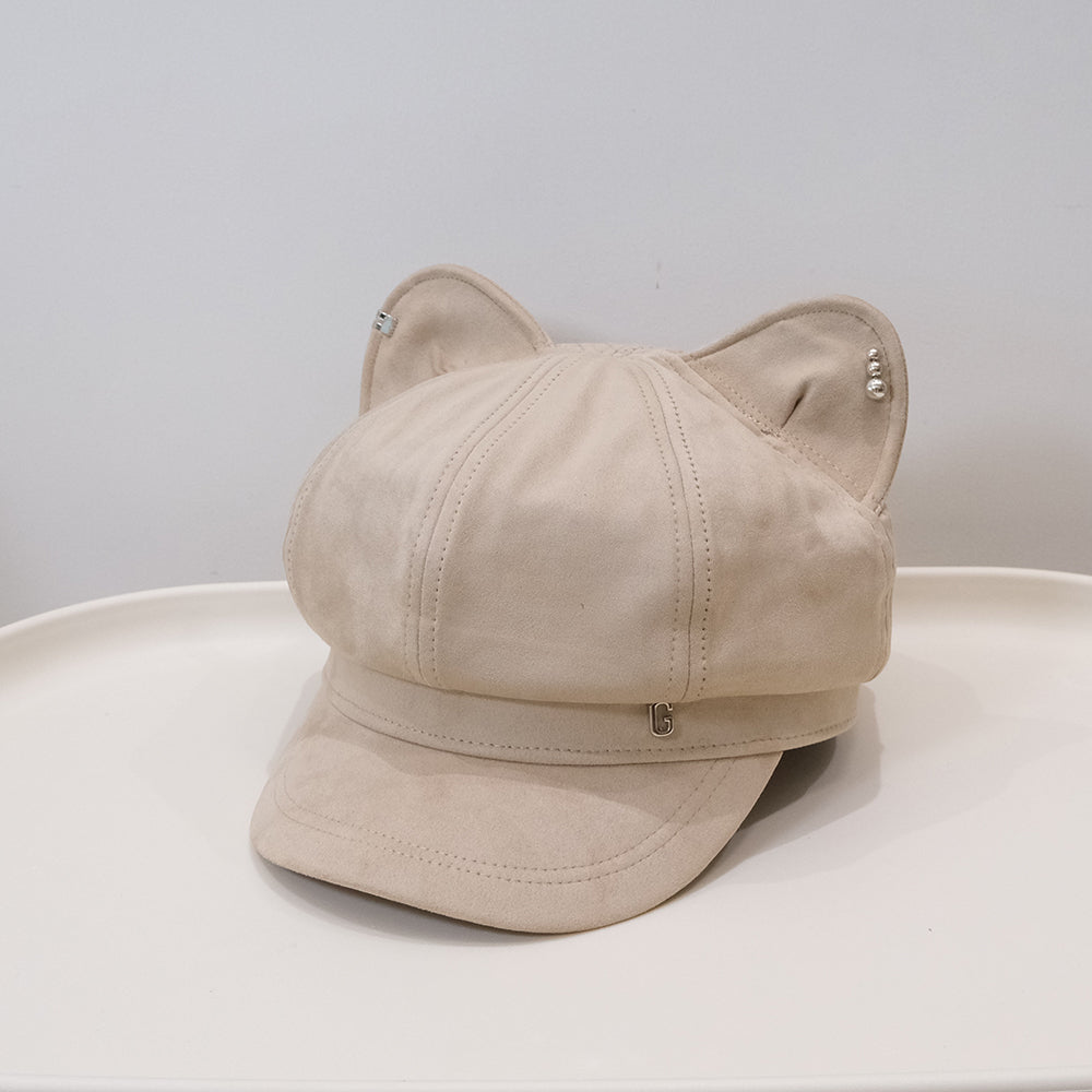 Autumn Winter Cute Cat Ears Octagonal Beret With Solid Color Vintage Style Pin Head Newsboy Hat - A Casual Outfit-Wear Hat With Unique Personality