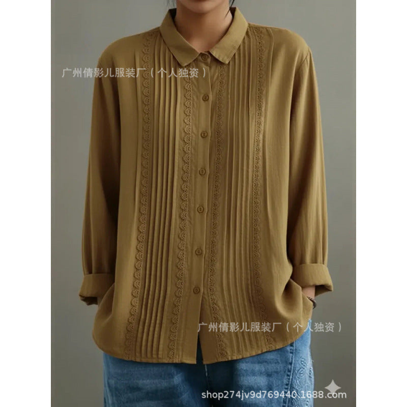 Womens Cotton-Linen Long-Sleeve Loose Shirt With Lace Trim