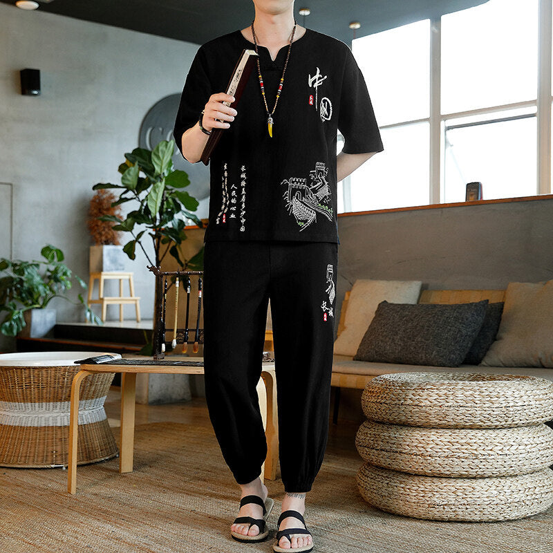 Chinese-style Mens Embroidered Cotton-linen Retro Loose-fit