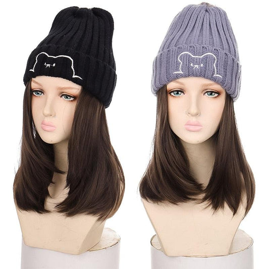 Beanie Hat Synthetic Short Wig Hat with Hair Extension Natural Hair Color Black Brown Wigs for Women Wool Product Wigs For Black Women Cosplay Wigs For Women