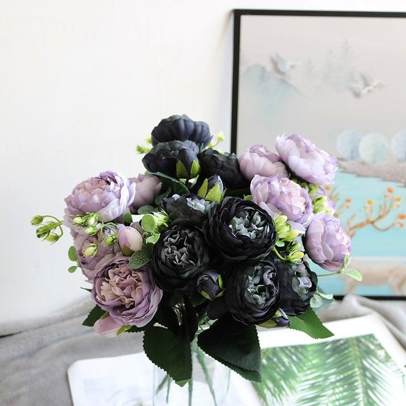Beautiful Rose Peony Artificial Silk Eucalyptus Fake Flowers Small bouquet Flores Home Party Spring Wedding Decoration Artificial Silk Rose Flower Bouquet Lifelike Fake Rose for Wedding Home Party Decoration Event Gift