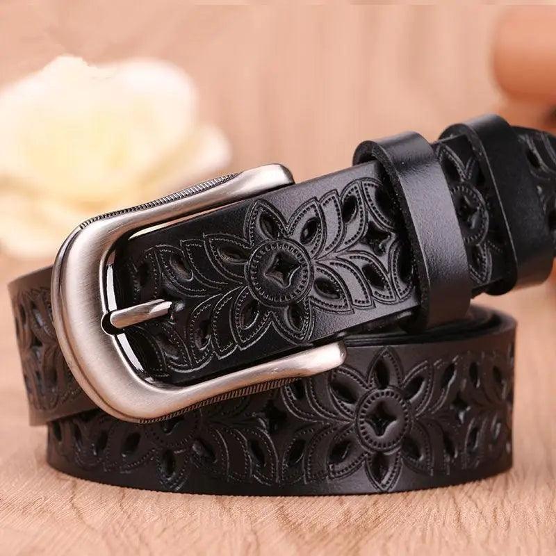 Beautiful Vintage White Genuine Leather Belts With Pin Buckle Strap Floral Design Classic Ladies Waistbands